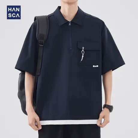 hansca翻领冰丝短袖衬衫男夏季薄款凉感透气日系假两件青少年上衣商品大图