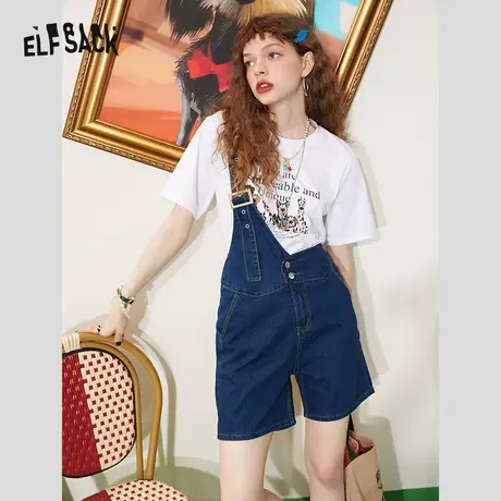 妖精的口袋单边背带裤女2023夏季新款牛仔短裤高腰显瘦裤子设计感商品大图