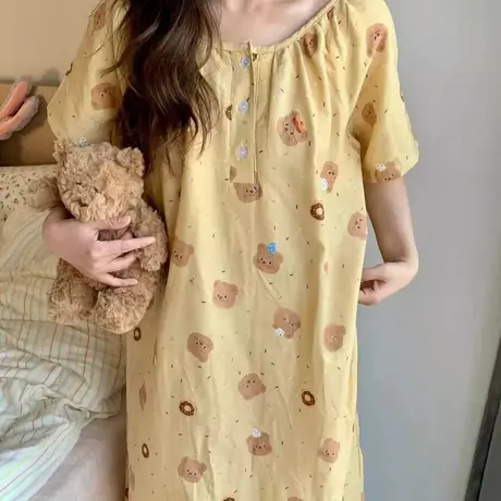 2025新品ins曲奇小熊纯棉双层纱布可爱卡通少女心睡裙家居裙睡裙商品大图