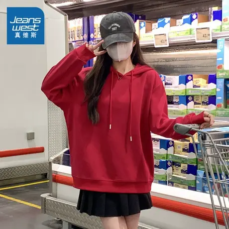 KMV真维斯连帽卫衣女2025蛇年本命年百搭宽松高级感红色新年上衣商品大图