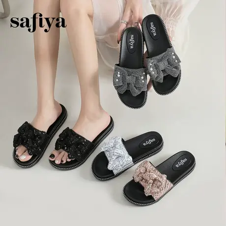 Safiya索菲娅新款夏季外穿时尚亮片蝴蝶结平底防滑厚底增高拖鞋女商品大图