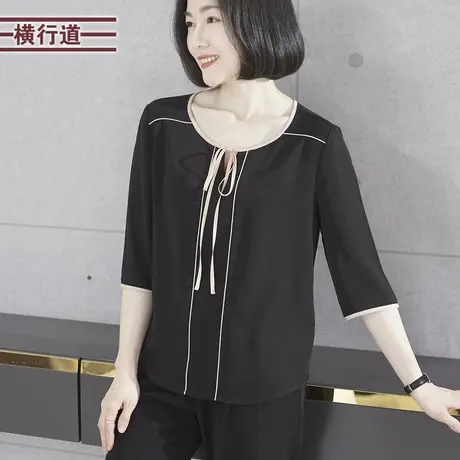 2023夏季新款简约休闲圆领拼色绑带蝴蝶结中袖雪纺衫女上衣服大码图片