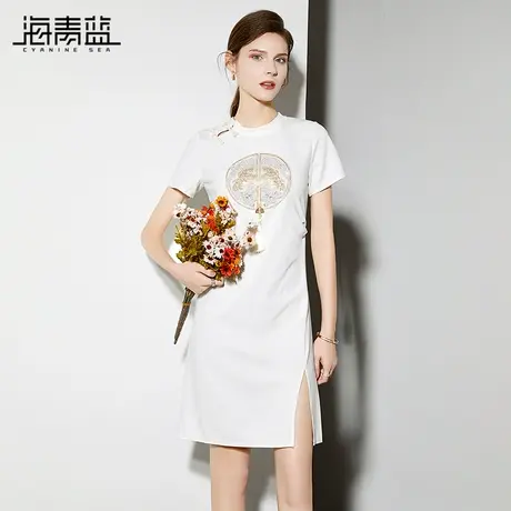海青蓝新中式连衣裙女2024夏季新款气质短袖国风钉珠刺绣t恤裙子图片