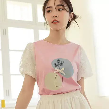 桔熊夏季日系甜美蕾丝泡泡袖印花t恤宽松舒适上衣女装大码AB17440图片