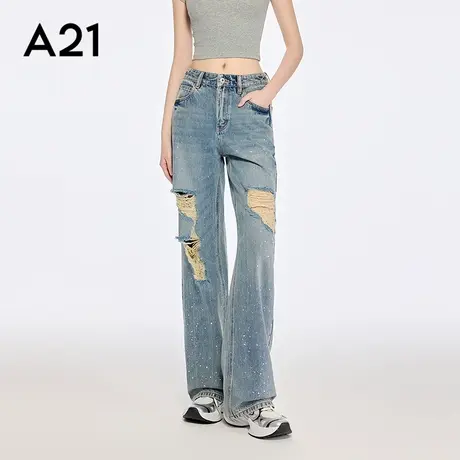 A21女装浅蓝水洗破洞薄款牛仔裤2025夏季新款简约长裤磨破阔腿裤商品大图