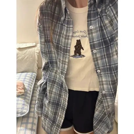 格子衬衫女2023春秋季宽松百搭韩版chic复古港味原宿风衬衣外套潮图片