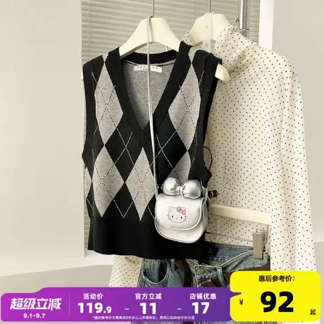 唐狮2025秋冬季女毛衣学院风菱格V领套头马甲显瘦短款简约百搭图片
