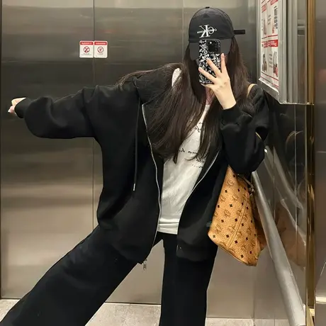 黑色卫衣女2025新款秋外套连帽开衫巨好看长袖高级感chic别致上衣商品大图