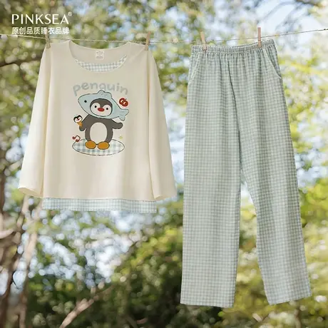 【超柔软】睡衣纯棉女款长袖长裤秋冬季格子企鹅可外穿家居服套装商品大图
