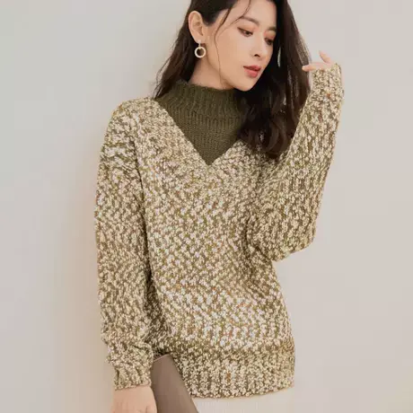桔熊秋冬季气质假两件套蓬松混色针织衫保暖立领毛衣女大码FA2635商品大图