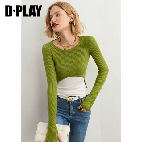 DPLAY秋新绿白撞色拼接圆领针织衫法式复古通勤修身内搭毛衣商品大图