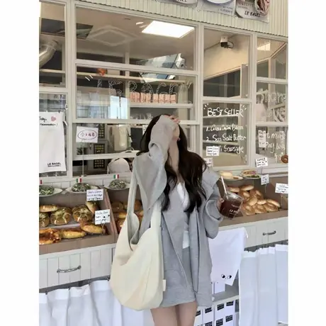 2025新款连帽重磅卫衣加绒外套灰色开衫女秋冬休闲宽松韩系慵懒风商品大图