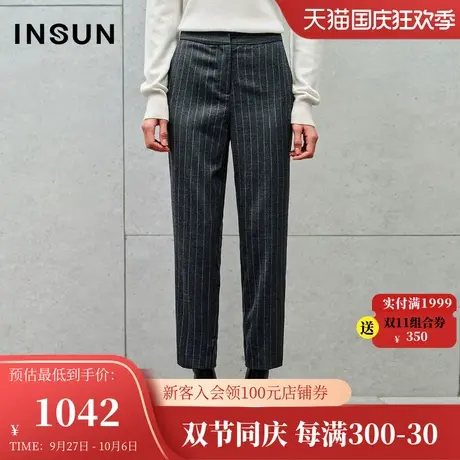 恩裳2023冬装新款精纺羊毛条纹轻绒后工艺西裤保暖舒适弹力小脚裤商品大图