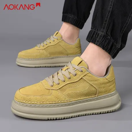 奥康松花黄男鞋2025新款秋天厚底男士板鞋透气皮面休闲鞋潮流鞋子图片
