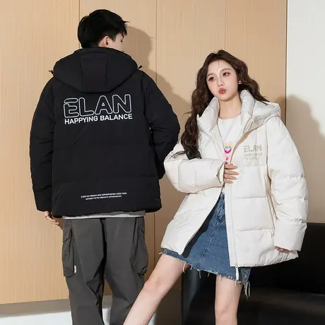 唐狮冬季新款情侣羽绒服女连帽印花短款百搭黑白色防水外套TD商品大图