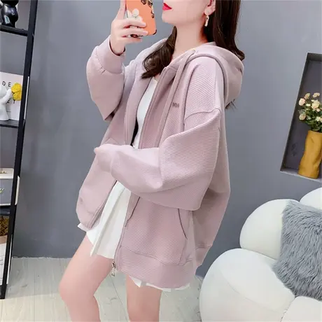 紫色连帽卫衣外套女春秋2023年新款韩版小个子宽松慵懒风开衫上衣商品大图