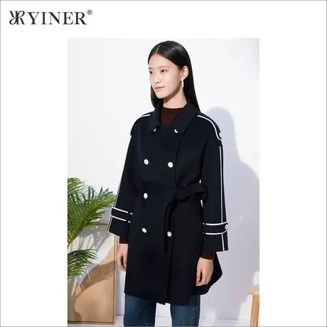 音儿美地女装2022冬季新款中长款系带撞色羊毛双面呢外套商品大图