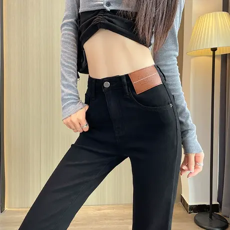 黑色微喇牛仔裤女2023春秋新款高腰修身显瘦马蹄裤流苏毛边喇叭裤商品大图