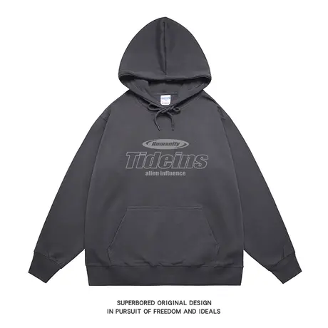 深灰色美式休闲潮牌复古字母卫衣男秋冬宽松连帽上衣情侣装帽衫图片