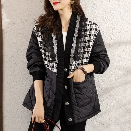 秋冬季新款格子外套女宽松加大码女装中年妈妈中长款休闲夹棉大衣商品大图