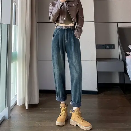 加绒蓝色牛仔裤女2023年秋冬季新款直筒宽松小个子阔腿哈伦老爹裤商品大图