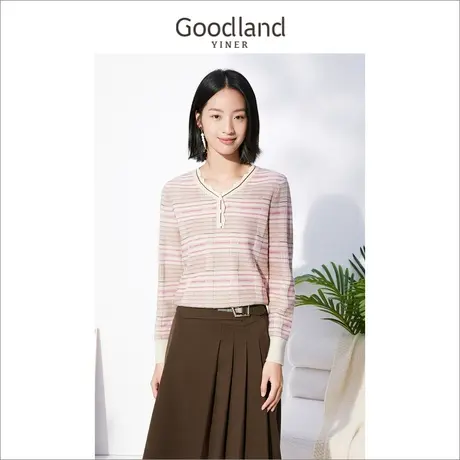 *Goodland美地女装冬季小香风条纹毛衣亮丝针织衫商品大图