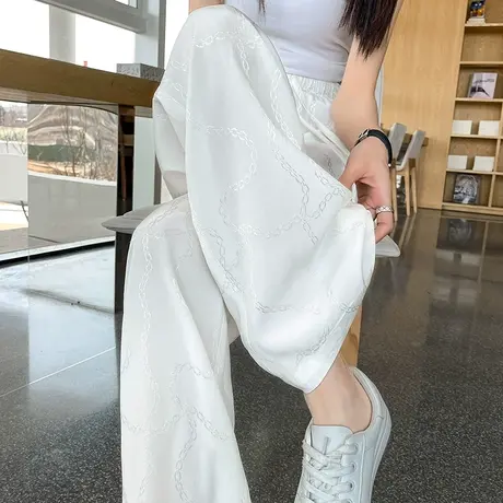 白色醋酸天丝阔腿裤女2024年春夏薄款高腰垂感直筒显瘦提花休闲裤商品大图