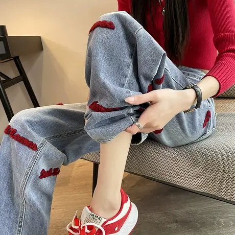 高腰阔腿牛仔裤女2025年新款春夏季显瘦红色刺绣浅色小个子直筒裤商品大图