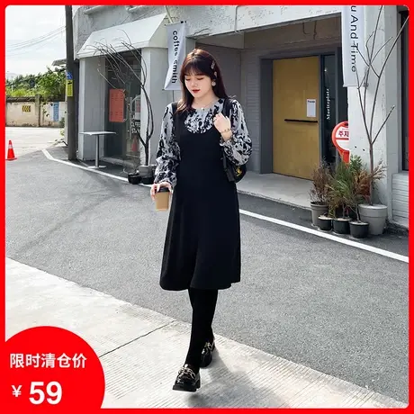 2023秋新款假两件中长款宽松遮肉加肥加大码连衣裙显瘦气质胖MM商品大图