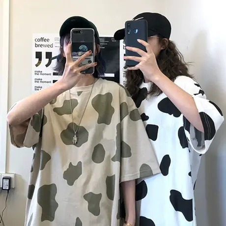 2023年韩版夏季新款宽松女装网红迷彩上衣服ins超火奶牛短袖t恤潮商品大图
