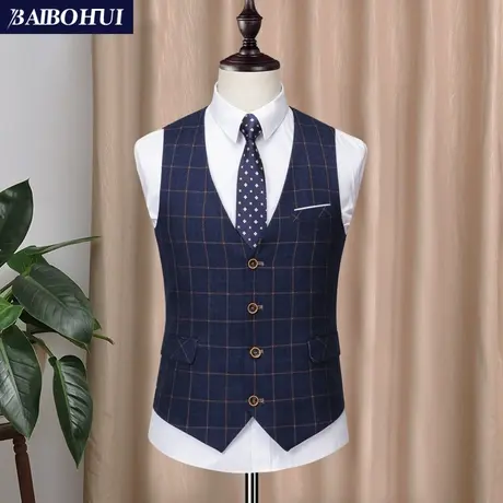 秋季新款格子西装马甲男士韩版青年英伦休闲潮流修身坎肩西服背心图片