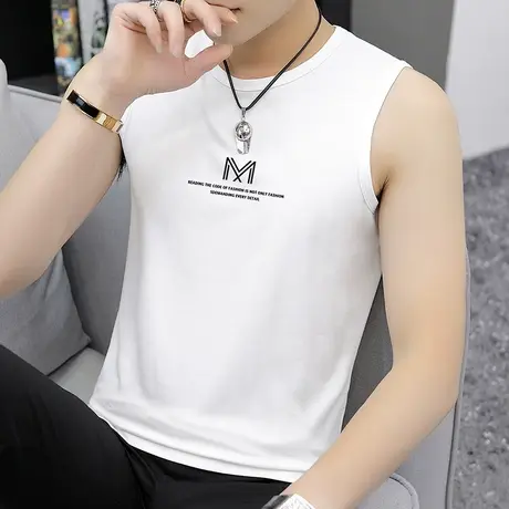 莫代尔冰丝无袖t恤男装2025新款运动背心白色健身跨栏坎肩男夏季图片