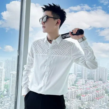 秋季新款时尚修身韩版修身拼接男长袖衬衫个性发型师纯色原宿衬衣商品大图