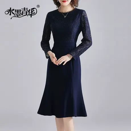 【1件7.9折】轻奢连衣裙名媛气质冬装新款蕾丝长袖拼接裙子女商品大图