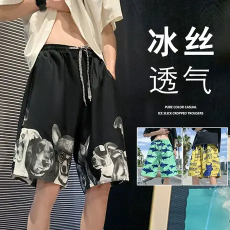 小狗印花沙滩短裤男夏季薄款海边旅游运动五分泳裤宽松休闲大裤衩商品大图