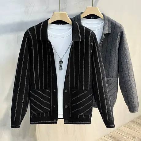 水晶绒男士针织衫外套春秋季2023新款条纹外穿毛衣开衫男装潮外套商品大图