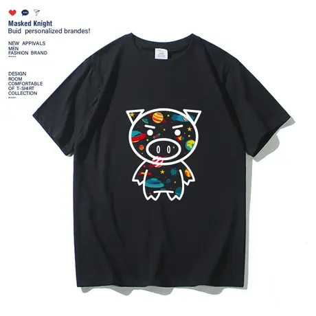 夏季港风潮牌ins卡通小猪印花t恤男女学生情侣装短袖圆领半袖体恤图片