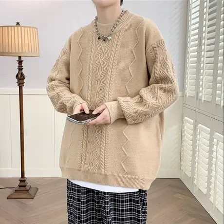 毛衣男秋冬新款圆领套头针织衫纹理感男装冬天保暖上衣百搭线衣服商品大图