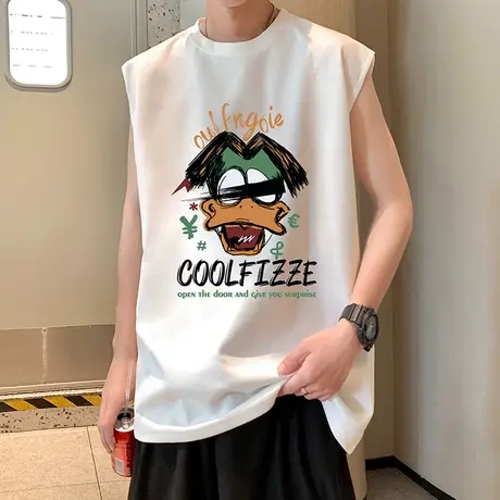 无袖背心男夏季薄款透气健身运动卡通印花潮牌麂皮绒休闲坎肩t恤商品大图