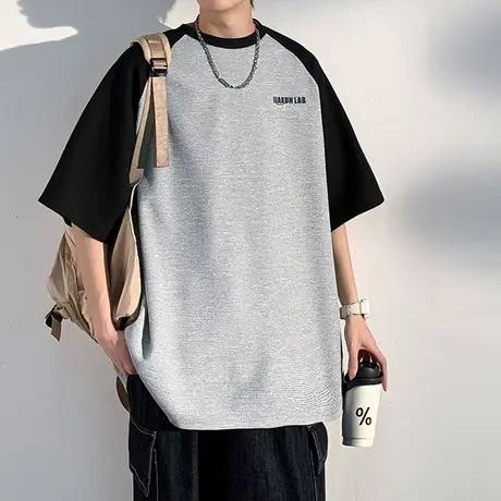 夏季撞色拼接宽松短袖t恤男潮牌圆领休闲上衣服插肩袖简约体恤衫商品大图