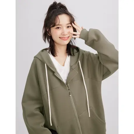 尔给宽松小众拉链连帽开衫卫衣外套女2022新款chic港味上衣长袖商品大图
