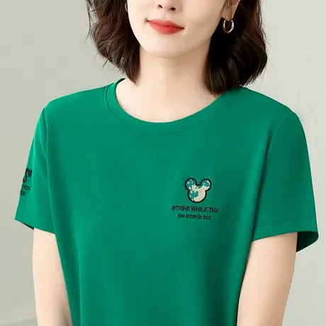 圆领t恤女士2024夏装新款时尚洋气中年妈妈刺绣宽松显瘦短袖上衣商品大图