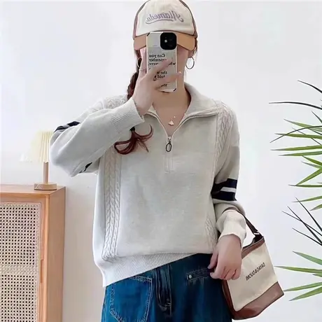 半拉链翻领毛衣女慵懒风高级感2023新款秋冬季超好看针织衫女上衣图片