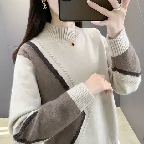 半高领拼色毛衣女套头2023秋冬新款宽松外穿针织衫内搭加厚上衣潮商品大图