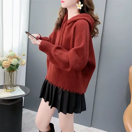 短款小个子高级感连帽毛衣外套女秋冬新款宽松破洞亮丝针织衫上衣商品大图