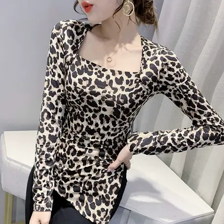 性感豹纹T恤女长袖春秋2024新款设计感小众上衣洋气百搭打底衫潮图片