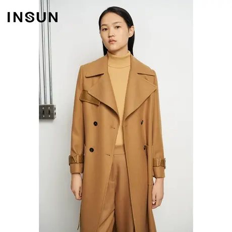 INSUN恩裳冬季皮革大翻领毛呢大衣图片