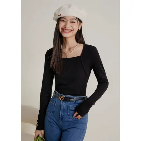 弥古黑色法式方领长袖t恤女修身短款内搭打底衫春秋显瘦针织上衣商品大图