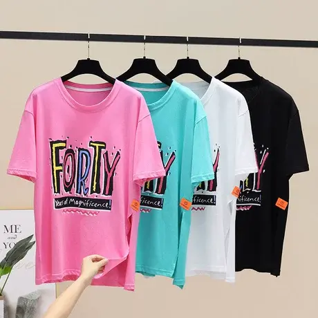 宽松慵懒风开叉印花短袖T恤女2023新款韩版夏季洋气百搭半袖上衣商品大图