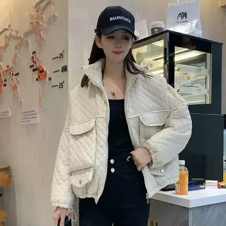 菱格无领轻薄短款棉服女2023年冬装新款棉衣抽绳羽绒棉服外套潮牌图片